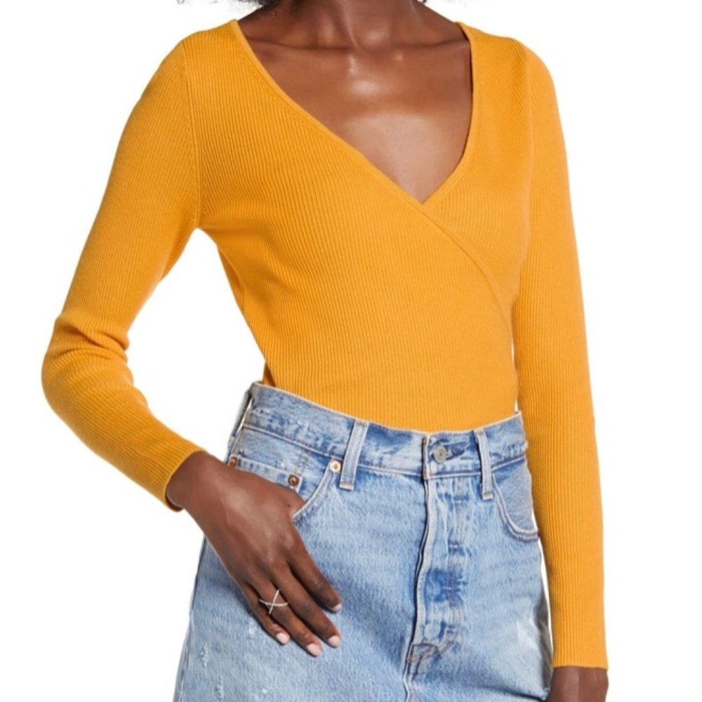 Leith Yellow Ribbed Cross Neck Long Sleeve Tee